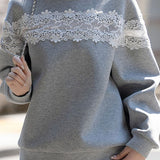 Casual Crew Neck Pullover Lace Paneled Long-Sleeve Sweatshirt