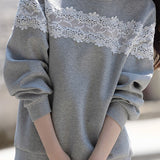 Casual Crew Neck Pullover Lace Paneled Long-Sleeve Sweatshirt