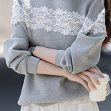 Casual Crew Neck Pullover Lace Paneled Long-Sleeve Sweatshirt