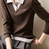Casual Commuter Fake Two-Piece T-Shirt Pullover Color-Block Shirt