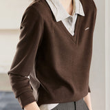 Casual Commuter Fake Two-Piece T-Shirt Pullover Color-Block Shirt