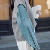 Casual Versatile Denim Paneled Fake Two-Piece Knitted Top