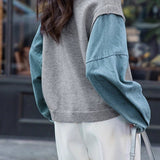 Casual Versatile Denim Paneled Fake Two-Piece Knitted Top