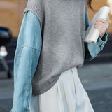 Casual Versatile Denim Paneled Fake Two-Piece Knitted Top