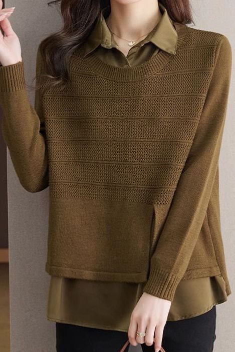 Casual Versatile Ribbed Paneled Fake Two-Piece Shirt - liwisi