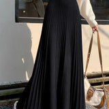 Casual Versatile Solid-Color Pleated Midi Skirt