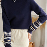 Casual Versatile Color-Block Jacquard Sweater