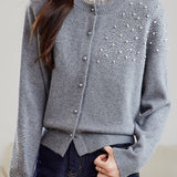 Casual Versatile Lace-Trimmed Crew Neck Beaded Cardigan