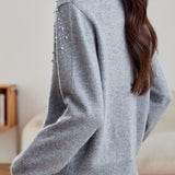 Casual Versatile Lace-Trimmed Crew Neck Beaded Cardigan