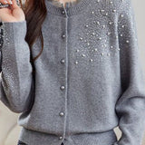 Casual Versatile Lace-Trimmed Crew Neck Beaded Cardigan