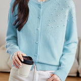 Casual Versatile Lace-Trimmed Crew Neck Beaded Cardigan