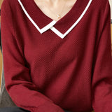 Casual Asymmetric Color-Block Lapel Knitted Top