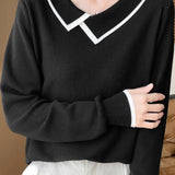Casual Asymmetric Color-Block Lapel Knitted Top