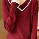 Casual Asymmetric Color-Block Lapel Knitted Top