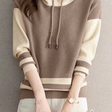 Casual Versatile Color-Block Striped Hooded Knitted Top