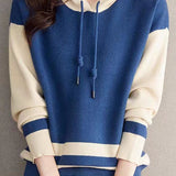 Casual Versatile Color-Block Striped Hooded Knitted Top