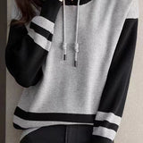 Casual Versatile Color-Block Striped Hooded Knitted Top