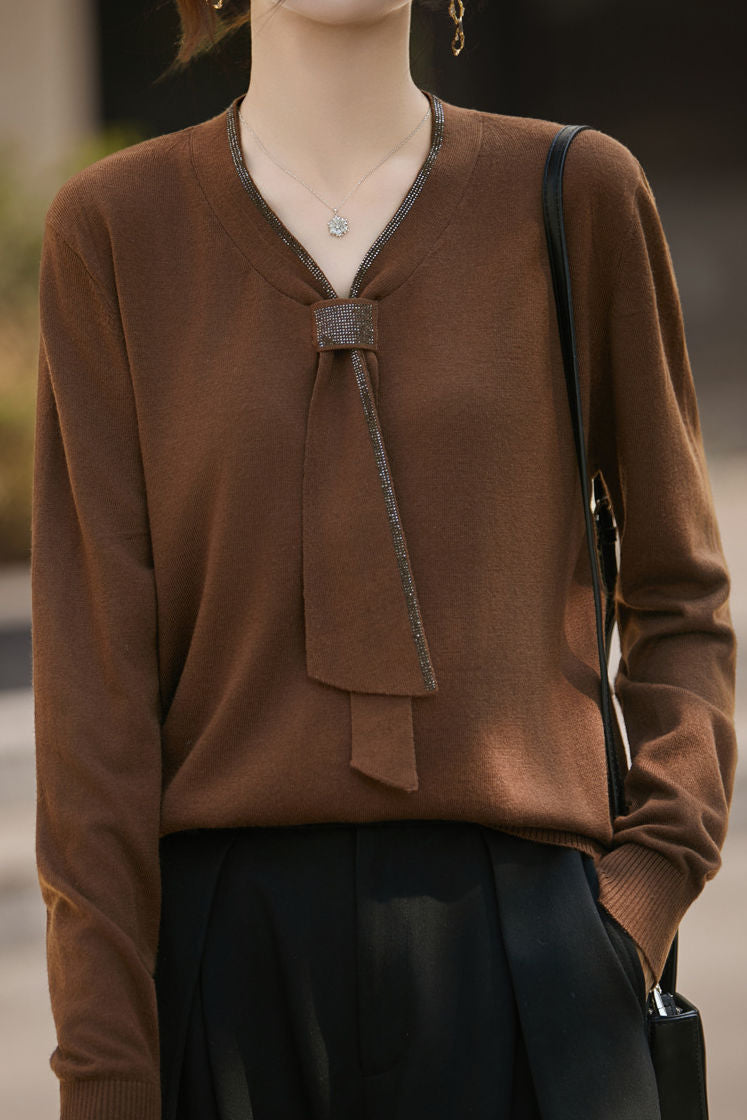 Casual Versatile Rhinestone Scarf-Collar Knitted Top - liwisi