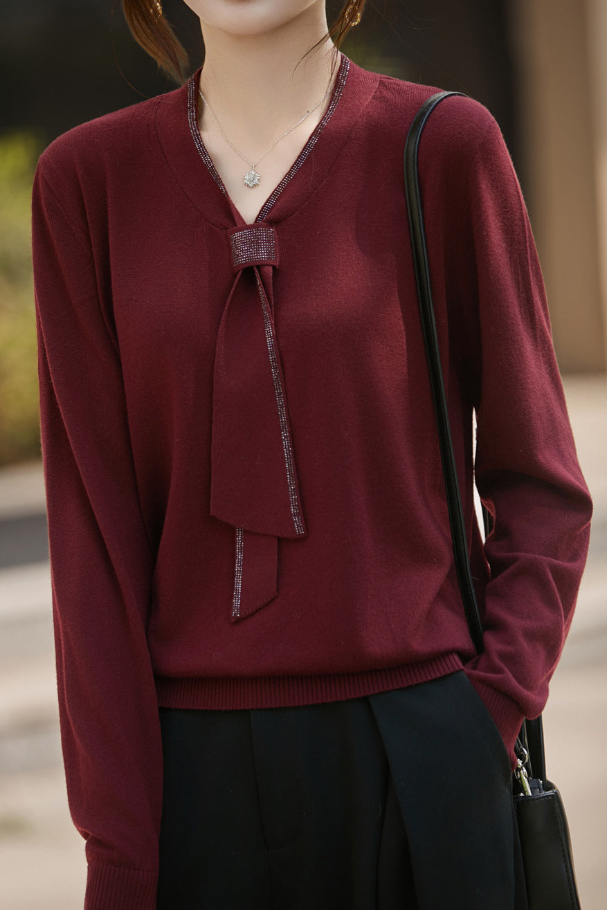 Casual Versatile Rhinestone Scarf-Collar Knitted Top - liwisi