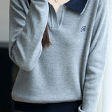 Casual Versatile Lapel Color-Block Knitted Top