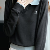 Casual Versatile Lapel Color-Block Knitted Top