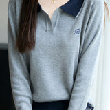 Casual Versatile Lapel Color-Block Knitted Top