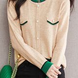 Casual Versatile Crew Neck Long-Sleeve Color-Block Knitted Top