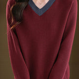 Casual Versatile V-Neck Long-Sleeve Color-Block Knitted Top