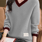 Casual Versatile V-Neck Long-Sleeve Color-Block Knitted Top