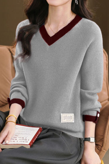 Casual Versatile V-Neck Long-Sleeve Color-Block Knitted Top - liwisi