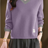 Casual Versatile V-Neck Long-Sleeve Color-Block Knitted Top