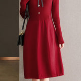 Elegant Temperament Shirt Collar Long-Sleeve Knitted Dress