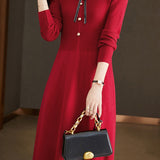 Elegant Temperament Shirt Collar Long-Sleeve Knitted Dress