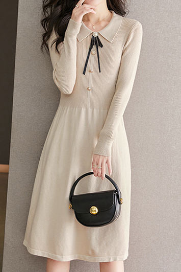 Elegant Temperament Shirt Collar Long-Sleeve Knitted Dress - liwisi