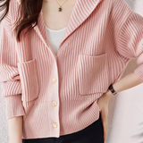 Casual Minimalist Hooded Long-Sleeve Ribbed Knitted Cardigan