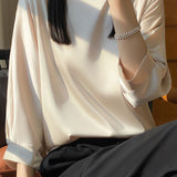 Casual Temperament Crew Neck 3/4-Sleeve Satin Pullover Top
