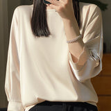 Casual Temperament Crew Neck 3/4-Sleeve Satin Pullover Top