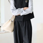 Casual Color-Block Ruffled Collar Shirt Vest Wide-Leg Pants 3-Piece Set - liwisi