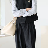 Casual Color-Block Ruffled Collar Shirt Vest Wide-Leg Pants 3-Piece Set - liwisi