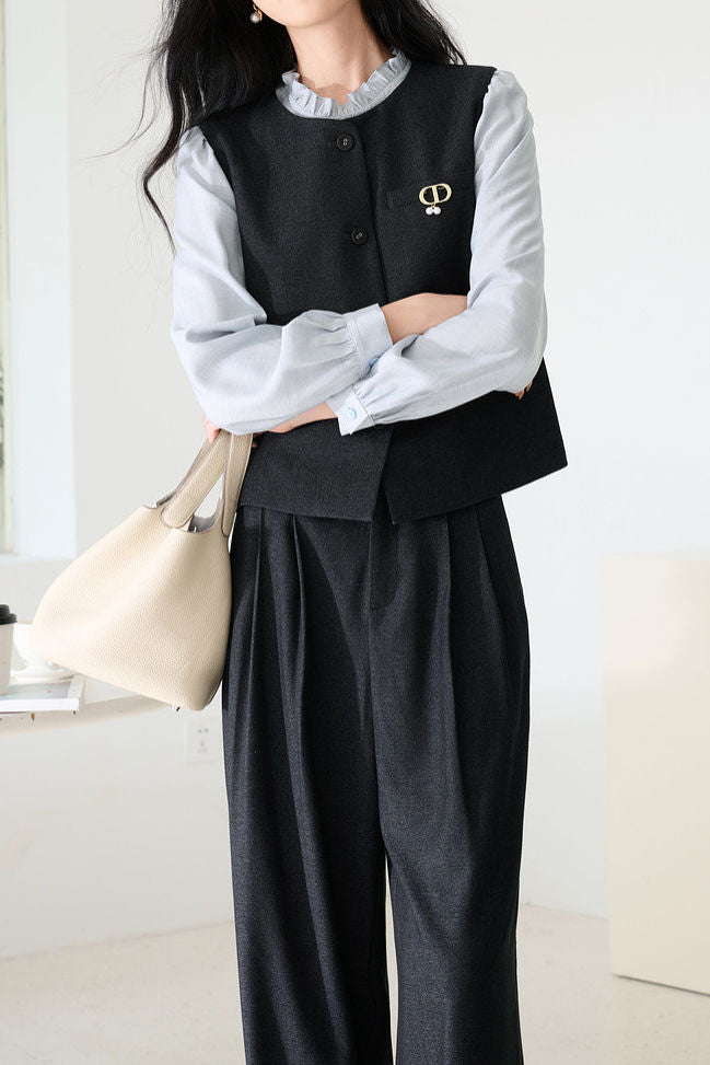 Casual Color-Block Ruffled Collar Shirt Vest Wide-Leg Pants 3-Piece Set - liwisi