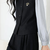 Casual Color-Block Ruffled Collar Shirt Vest Wide-Leg Pants 3-Piece Set - liwisi