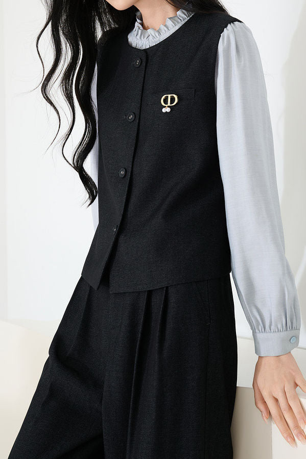 Casual Color-Block Ruffled Collar Shirt Vest Wide-Leg Pants 3-Piece Set - liwisi