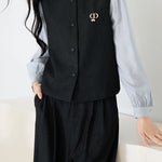 Casual Color-Block Ruffled Collar Shirt Vest Wide-Leg Pants 3-Piece Set - liwisi