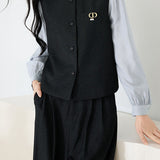 Casual Color-Block Ruffled Collar Shirt Vest Wide-Leg Pants 3-Piece Set - liwisi