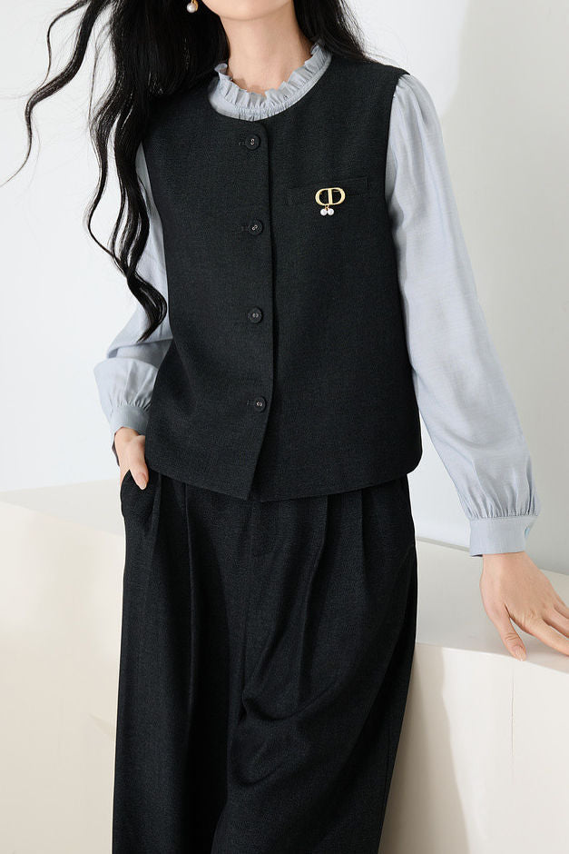 Casual Color-Block Ruffled Collar Shirt Vest Wide-Leg Pants 3-Piece Set - liwisi