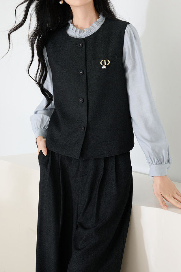 Casual Color-Block Ruffled Collar Shirt Vest Wide-Leg Pants 3-Piece Set - liwisi