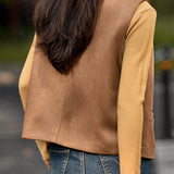 Casual Versatile Crew Neck Solid-Color Faux Leather Vest - liwisi