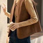 Casual Versatile Crew Neck Solid-Color Faux Leather Vest - liwisi