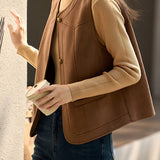 Casual Versatile Crew Neck Solid-Color Faux Leather Vest - liwisi