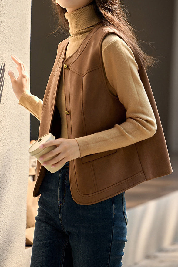 Casual Versatile Crew Neck Solid-Color Faux Leather Vest - liwisi